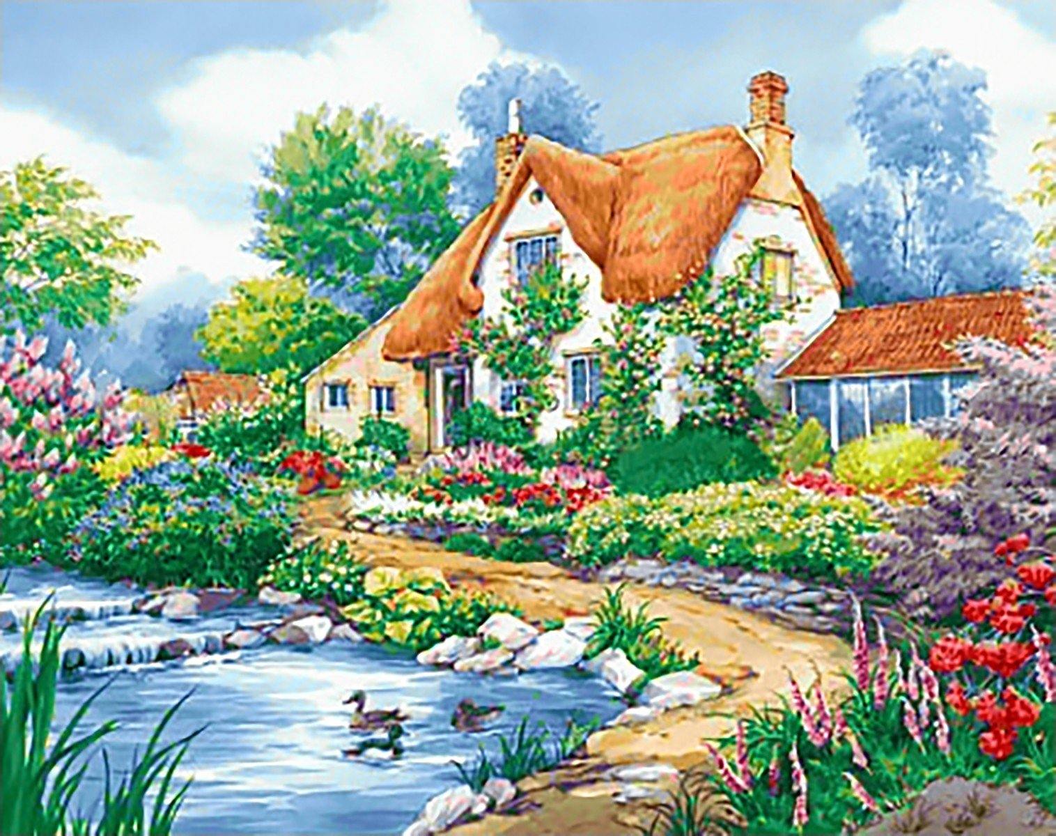 Duck Pond Cottage Wizardi Diamond Painting kit with colorful square acrylic diamonds and self-adhesive canvas.